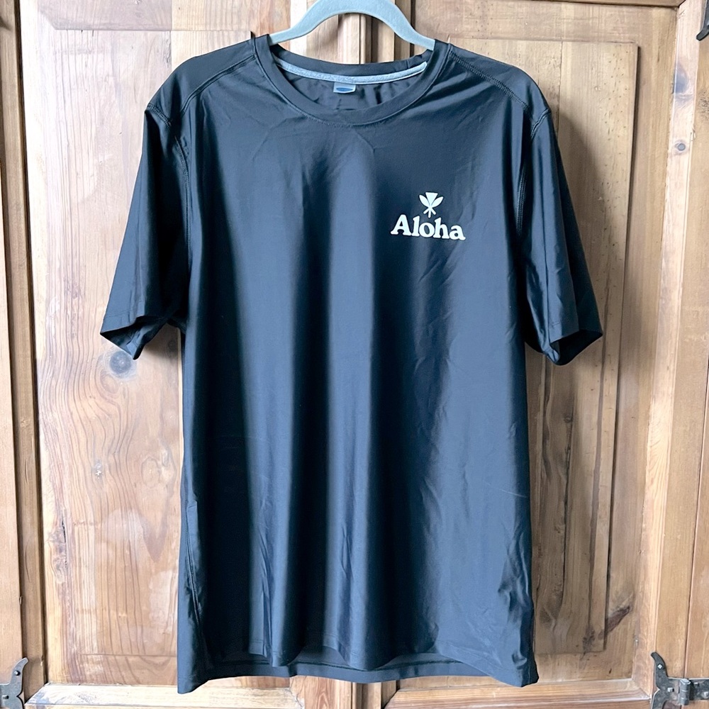 Men’s Black Performance Fabric Aloha Graphic Shirt Size Large